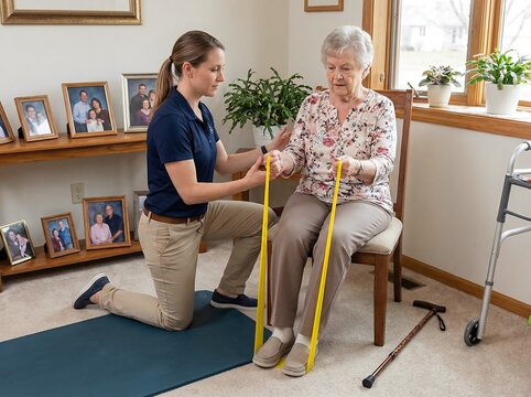 A physical therapist helps an older woman sit in a chair as she uses resistance bands. The session takes place in a warm home with family photos on the shelf