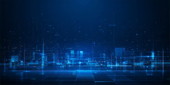 Futuristic digital art featuring a blue abstract technology background with geometric square patterns and glowing network lines for a modern business data concept