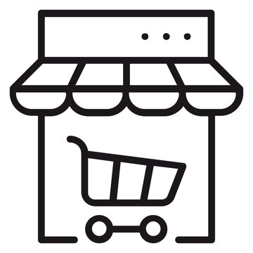 Black line art vector icon of a retail storefront with a striped awning and a shopping cart symbol inside, representing e-commerce, online shopping, digital marketplace, and business retail.