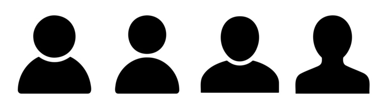 Minimalist user profile icons, black avatar silhouettes, person headshot vector set