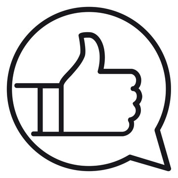 Thumbs up icon inside a speech bubble vector illustration, black line art hand gesture symbol for social media feedback, like, approval, and positive communication, minimalist graphic design.