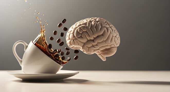 Coffee Cup with Brain and Beans Exploding, Brainstorming Metaphor, Power of Coffee
