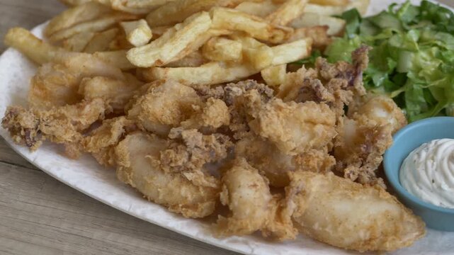 Fried calamari served with fries and sauce represent Mediterranean cuisine and seafood dining culture. Squid rich in protein, vitamin B12 and minerals, widely used in restaurant menus.