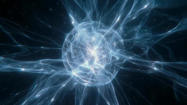 Glowing energy core with swirling light strands in abstract style on dark background, concept of cosmic power, creation and universal force
