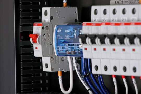 Circuit breakers from ABB to protect electrical loads from short-circuiting. Installed in the electrical control panel. 