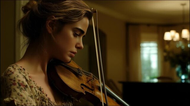 4K video footage of a woman playing violin indoors with warm lighting, focused and concentrated expression, classical music performance.