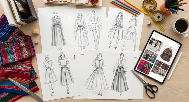 Fashion design flat lay with sketches, fabric swatches, tablet, and coffee