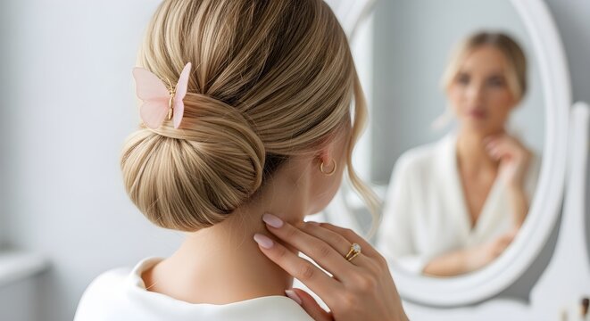 Woman with Elegant Hairstyle Looks in Mirror at Home in a Beauty Routine