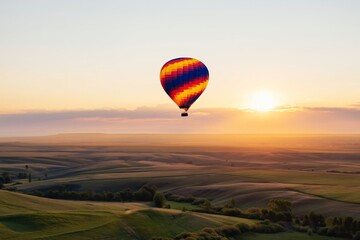 Obraz premium Hot Air Balloon Floats Above Fields at Sunrise in the Countryside Sky
