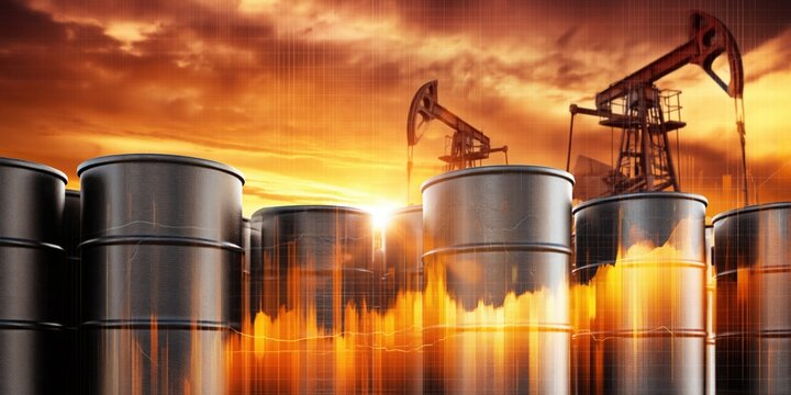 Oil barrels and pumpjacks at sunset with financial data overlay