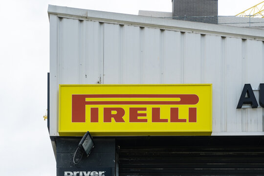 Barcelona, Spain - July 4, 2021. Logo and facade of Pirelli, an Italian industrial company dedicated to the manufacture of tires