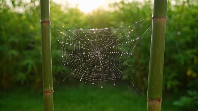 Spider web on bamboo sticks outdoors.