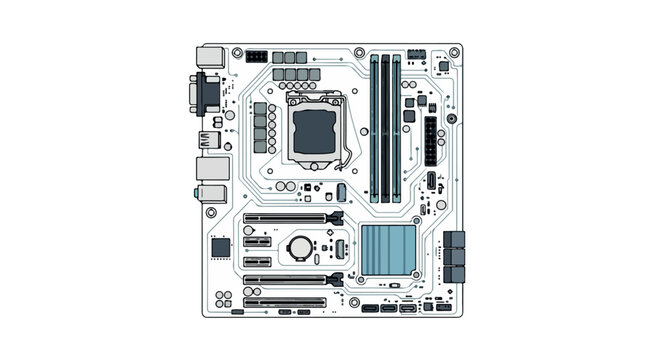 Motherboard layout featuring multiple slots and connectors for computer assembly