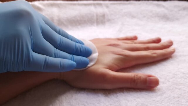 A close-up shot of a dermatologist in blue gloves performing a biorevitalization injection on a patient's hand using a syringe with yellow liquid in a bright clinical setting.