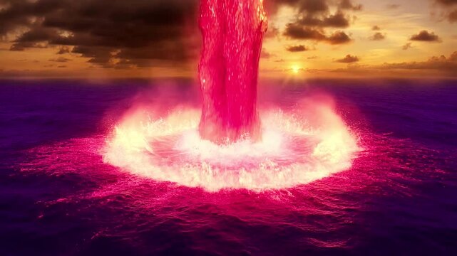 Witness the powerful spectacle of a massive glowing underwater energy vortex exploding beneath the vast ocean waves at twilight