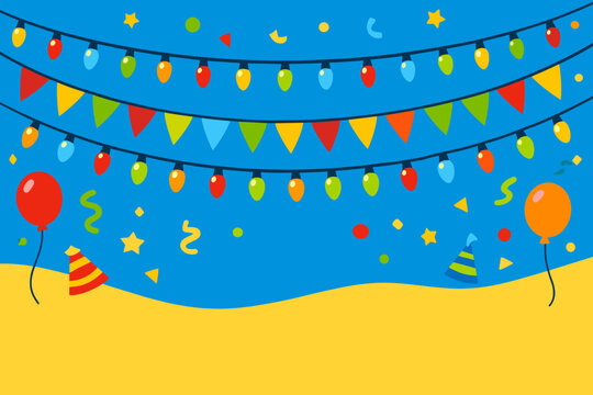 Colorful Light String Decorating Festive Party Celebration Banner with Bunting Flags, Balloons, Party Hats and Confetti on Blue and Yellow Background. Simple Flat Vector Illustration for Events.