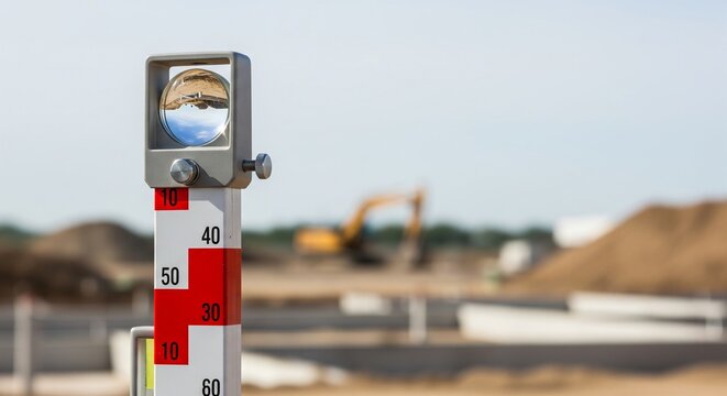 Close up of surveying leveling rod at sunlit construction site