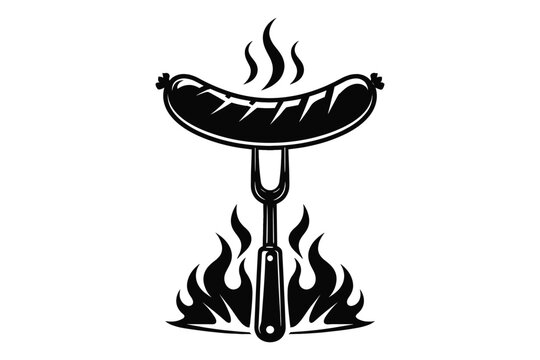 Grilled hot sausage on a fork over fire flames barbecue logo icon. Black silhouette vector illustration of a steaming bratwurst for BBQ party, restaurant menu, grill bar, or outdoor cooking design