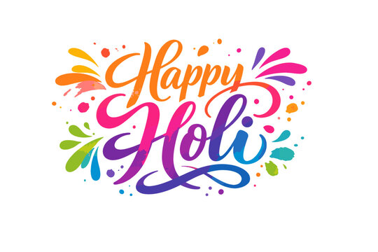 Happy Holi Calligraphy Typography Lettering Design with Vibrant Watercolor Splashes and Colorful Paint Drops for Indian Festival of Colors Celebration, Vector Illustration on White Background.
