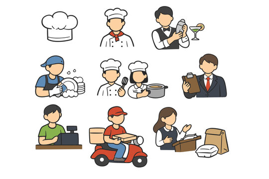 Restaurant Staff and Food Service Icons Set Featuring Professional Chef, Bartender, Dishwasher, Kitchen Crew, Manager, Cashier, Delivery Rider, and Hostess in Flat Cartoon Illustration Style