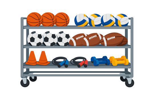 Sports Equipment Storage Cart and Rolling Trolley Rack for Gym Gear with Basketballs, Soccer Balls, Volleyballs, Footballs, Cones, Jump Ropes, and Dumbbells for School Physical Education Classes.