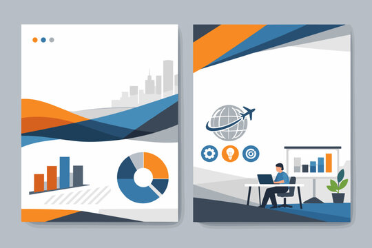 Polished multi-page business publication layout template for annual summaries, presentations, and marketing portfolios, incorporating logistics maps, data visuals, workspace imagery, and dynamic