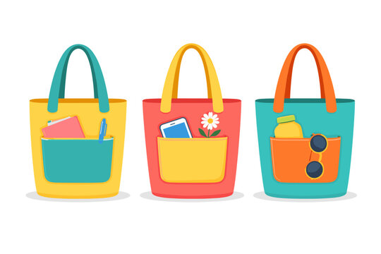 Three colorful tote bags with handles and pockets in a flat vector style. Reusable eco-friendly shopping bags containing everyday items like a notebook, pen, smartphone, flower, and sunglasses.