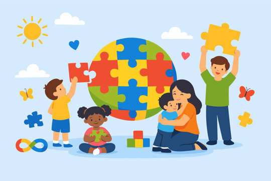 World Autism Awareness Day banner featuring diverse children and teacher with puzzle pieces around a puzzle globe, neurodiversity infinity symbol, butterflies, and hearts, flat vector design.