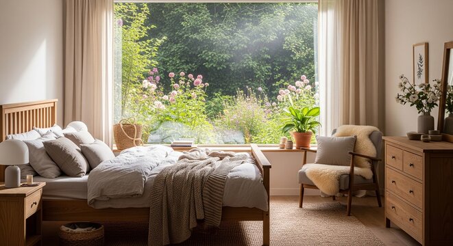 Cozy wooden bedroom interior with large window overlooking green garden