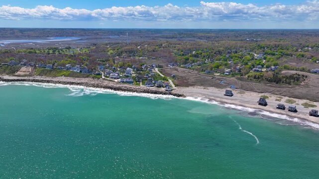 Peggotty Beach and historic waterfront houses aerial view in town of Scituate, Massachusetts MA, USA. 