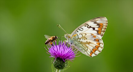 Fototapeta premium Butterfly and Bee Pollinating a Thistle Flower in a Vibrant Meadow