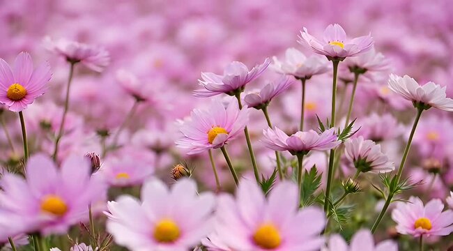 A field of pink flowers with yellow centers