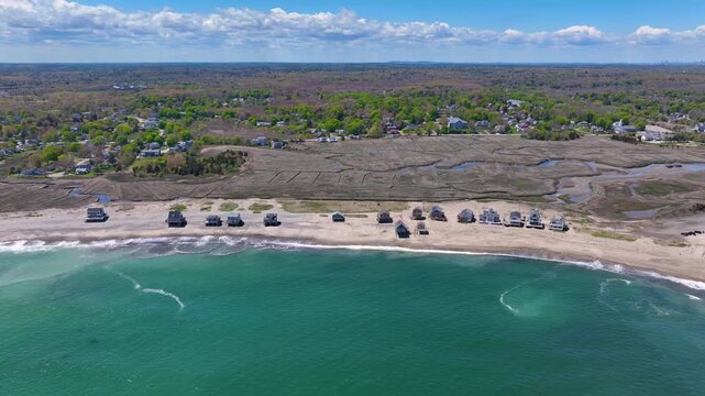 Peggotty Beach and historic waterfront houses aerial view in town of Scituate, Massachusetts MA, USA. 