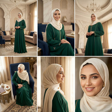 A grid layout of an Arabic woman from different angles