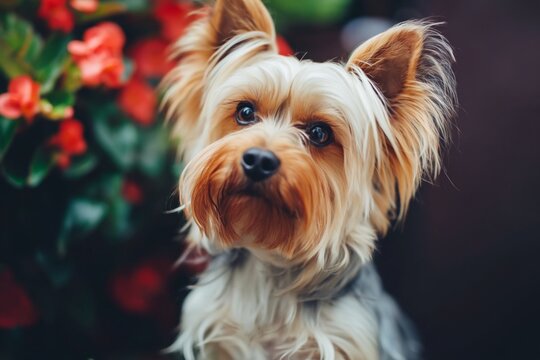 Small Dog Sits Near Flowers in a Home Setting During the Daytime