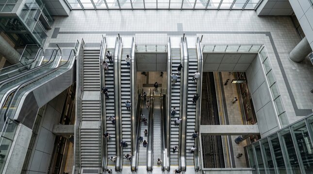 High angle view of commuters on escalators in a modern train station. Overhead shot of public transit architecture with stairs and railway tracks. Urban city transportation concept