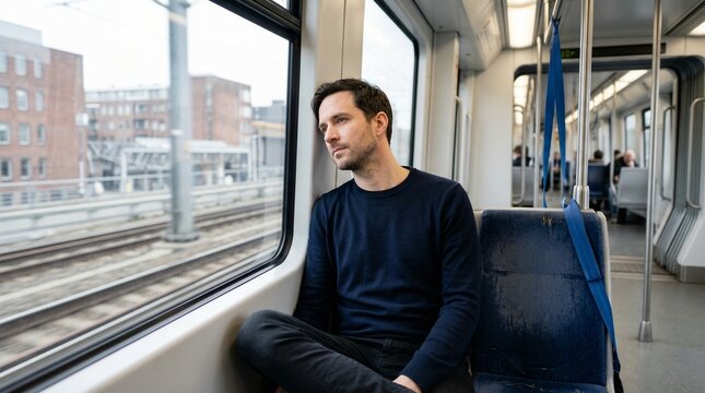 Man sitting on a train looking out the window. Commuter traveling in public transport. Urban lifestyle and travel concept