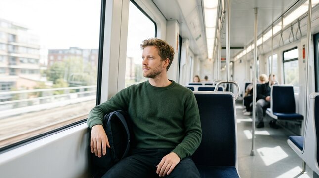 Young man sitting in a train looking out the window. Commuter traveling on public transport during the day
