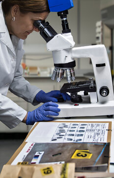 A forensic police officer examines a bullet casing under a microscope as evidence in a murder case
