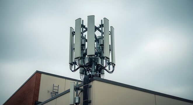 Cellular Tower on Building Roof with Modern Antennae Against Overcast Sky