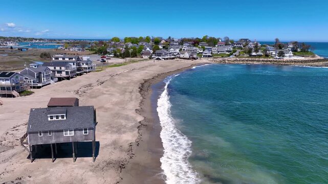 Peggotty Beach and historic waterfront houses aerial view in town of Scituate, Massachusetts MA, USA. 