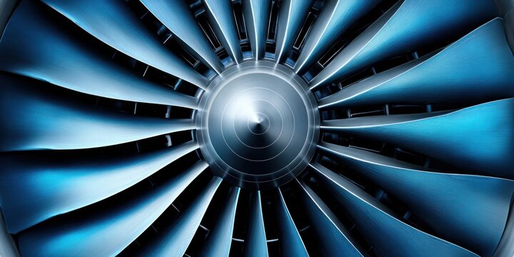 Close-up view of a powerful jet engine turbine with blue lighting and metallic blades