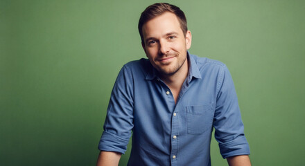 Obraz premium Smiling man in blue denim shirt against a textured green background
