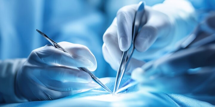 Surgeons' hands in sterile gloves performing delicate surgical procedure with instruments