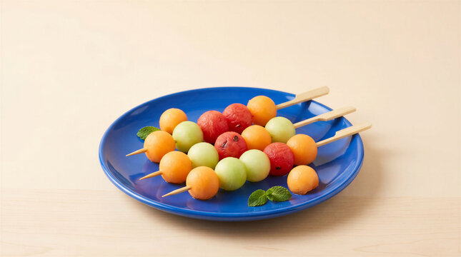 Colorful melon balls on skewers arranged beautifully on a blue plate