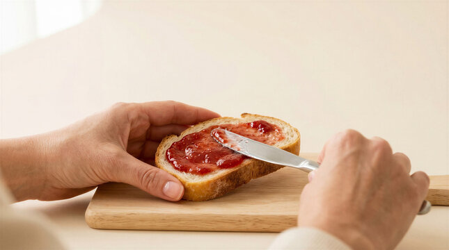 Hands spreading jam on bread with a calm atmosphere on a wooden surface