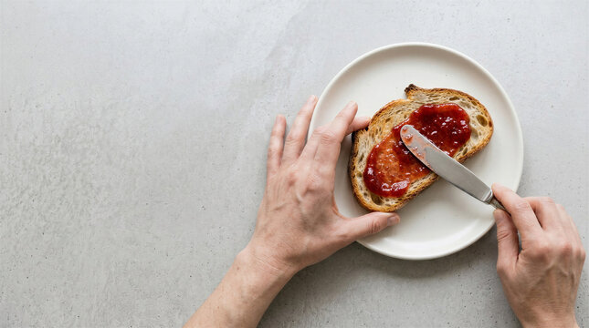 Hands spreading jam on toasted bread on a minimalist plate
