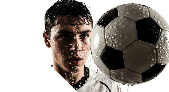 Young soccer player, sweat dripping, focused intense gaze, water droplets on ball, dynamic action shot