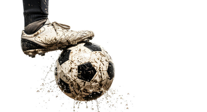 A soccer player's dirty cleat resting on a muddy soccer ball, with water splashing, signifying a tough match