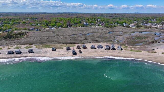 Peggotty Beach and historic waterfront houses aerial view in town of Scituate, Massachusetts MA, USA. 